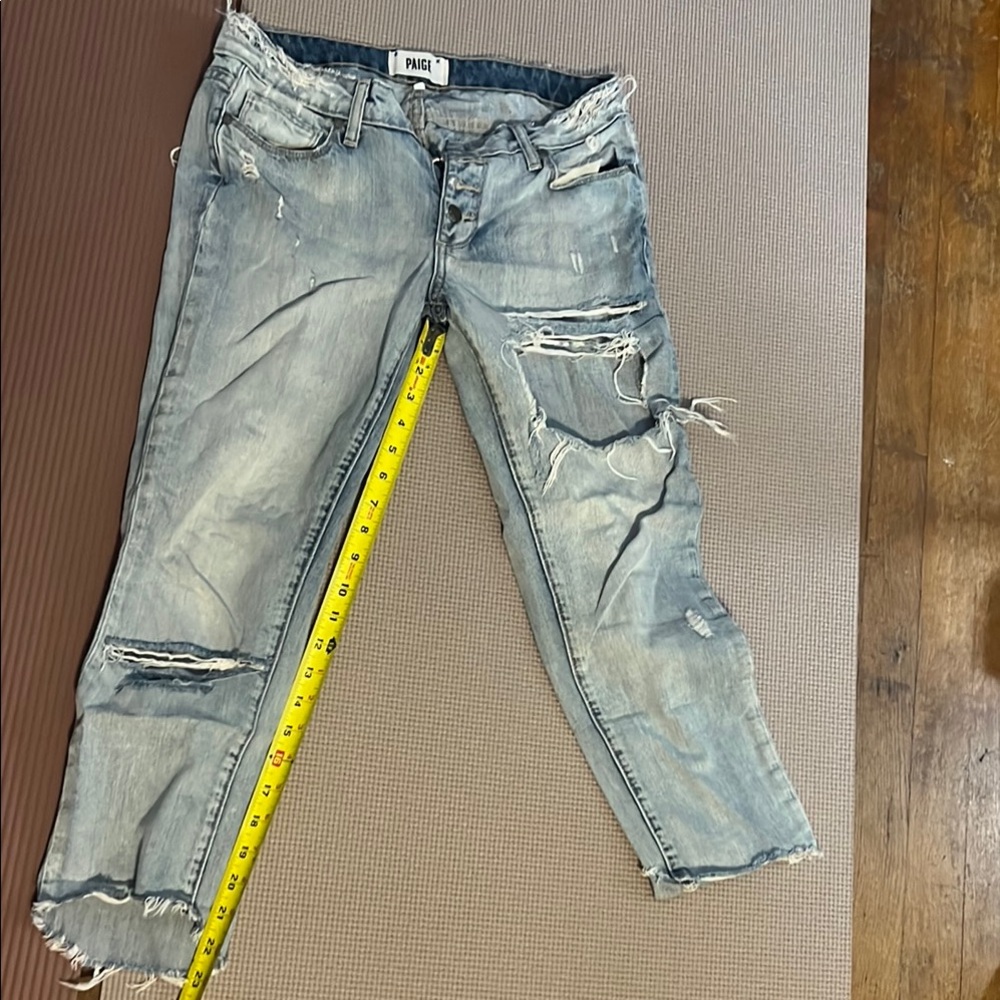 PAIGE Blue Ankle Cropped Jeans with Distressed Details